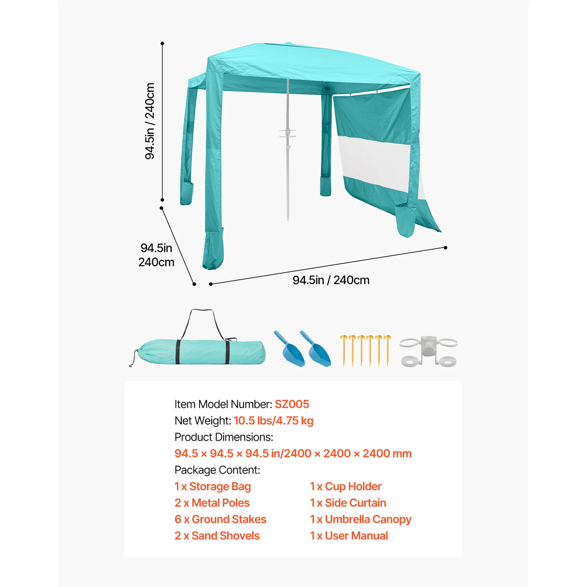 VEVOR Beach Cabana 6 x 6ft/8 x 8ft Beach Canopy with Side Wall Shade Sun Shelter Umbrella with Sand Pockets for Whole Family