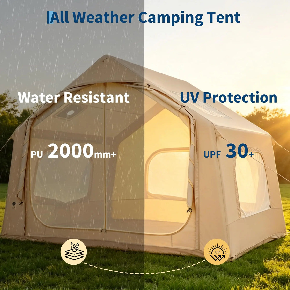Inflatable Tent for Camping, Waterproof Air Glamping Tent with Skylight, Blow Up Tent with Stove Jack, Family Camping, Glamping & 4-Season Outdoor Use, 2-6 Person