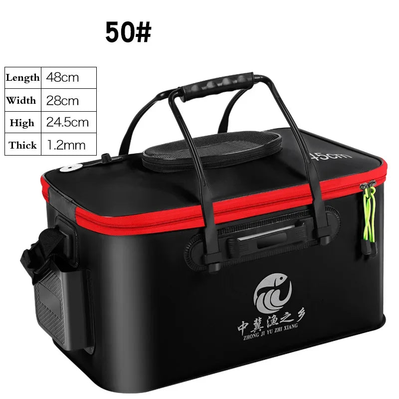 New 30-50cm Fishing Bucket EVA Foldable Carrying Handle Collapsible Live Fish Box with Side Pocket and Zipper for Travel Camping