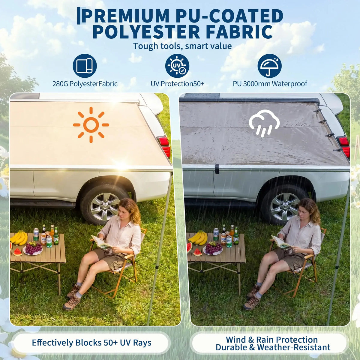 SUV Truck Van Roof Rack Awning - Retractable Side Sun Shade, UV50+ 600D Oxford Waterproof Canopy, Adjustable Aluminum Poles, Outdoor Camping Shelter with Storage Bag