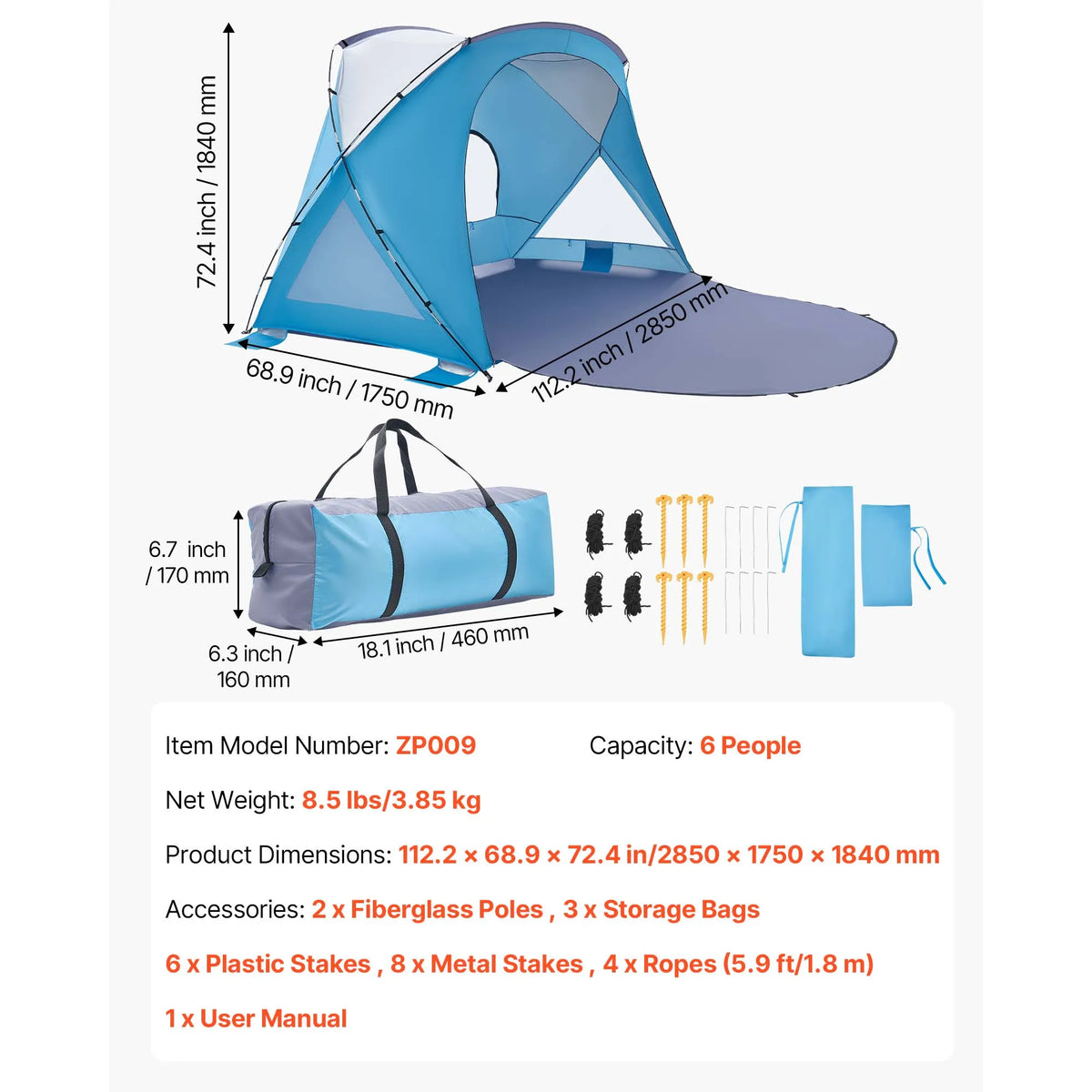 VEVOR Beach Tent Sun Shelter for 6 Person UPF 50+ Protection Portable Sun Shade Canopy with Carrying Bag for Family Camping