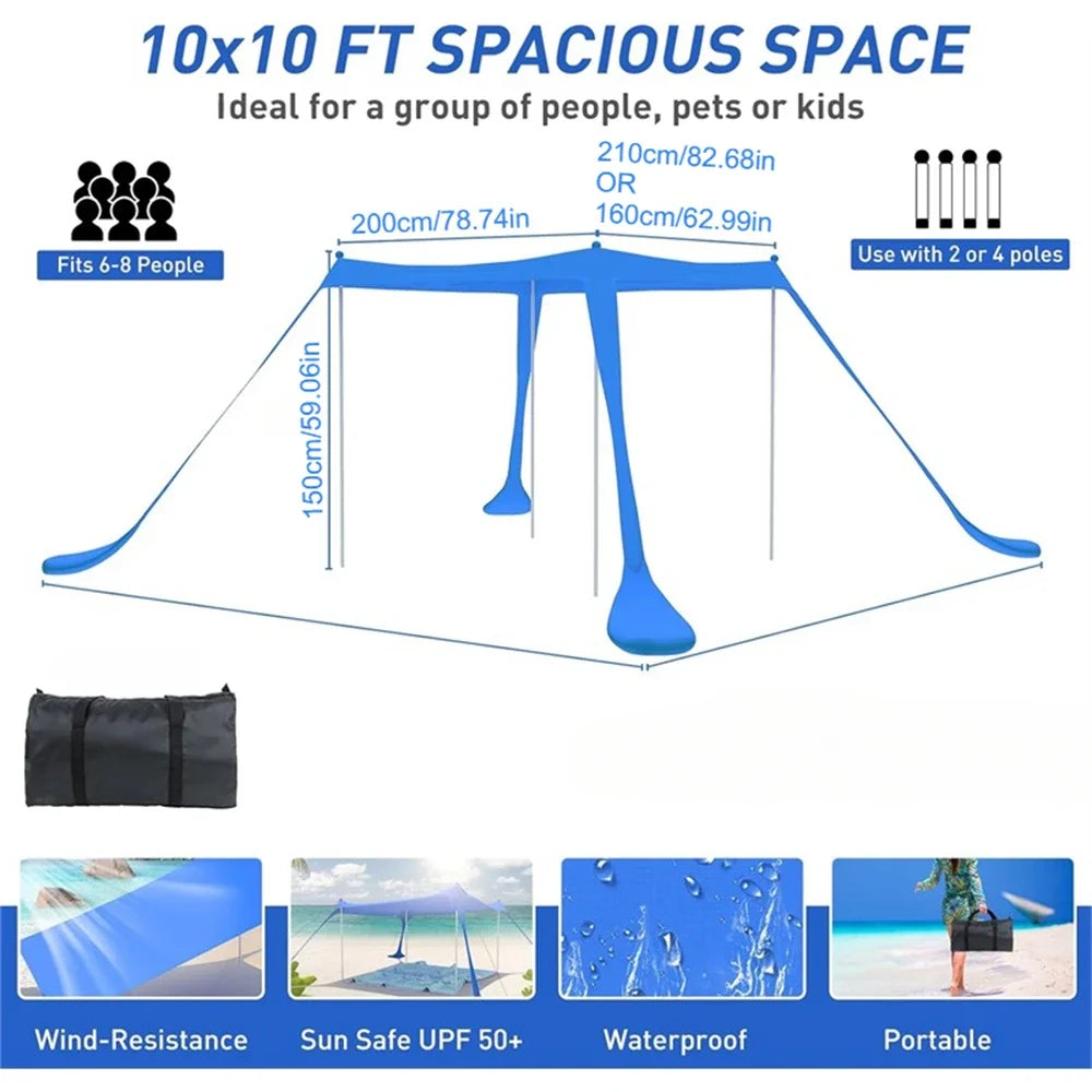 Beach Tent Sun Shelter with UPF 50+ UV Protection,Beach Canopy Sun Shade with Sandbags,Poles and Ground Pegs and Anti-Wind Ropes