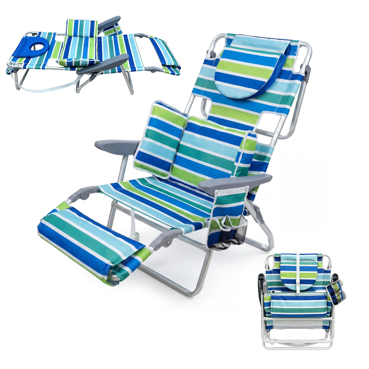2 Pack Deluxe 3-in-1 Beach Chair with Face Hole, Folding Tanning Lounger, Outdoor Sunbathing Chair with Adjustable Footrest, Storage Pocket, 330lb Capacity for Beach Pool Patio Lawn