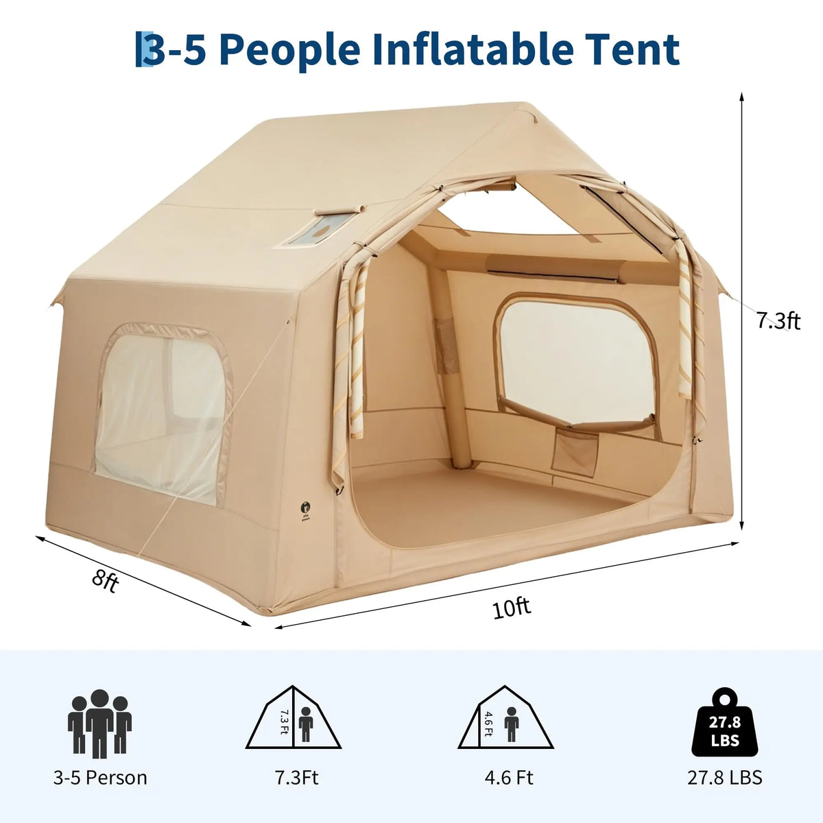 Inflatable Tent for Camping, Waterproof Air Glamping Tent with Skylight, Blow Up Tent with Stove Jack, Family Camping, Glamping & 4-Season Outdoor Use, 2-6 Person