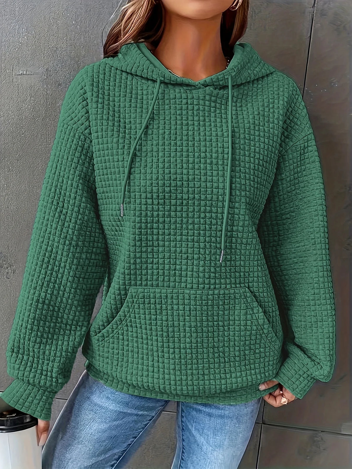 Women Short Length Waffle Knit Hoodie Solid Black Drawstring Pullover Sweatshirt Front Kangaroo Pocket Long Sleeve Casual Tops