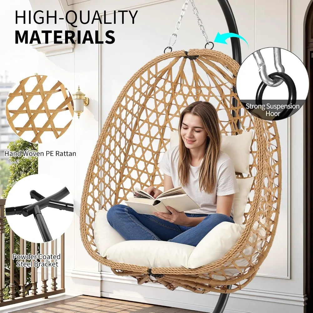 Egg Chair with Stand, Patio Wicker Hanging Chair, Hammock Swing, 350LBS for Bedroom, Balcony, Garden