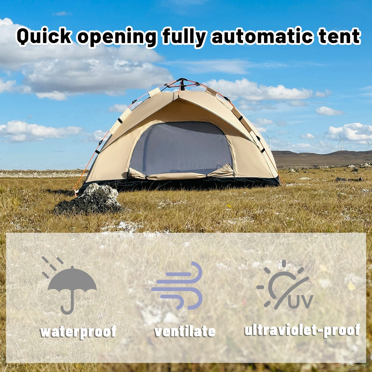 PAKICETUS Instant Pop Up Dome Tent 2-4 Person Easy Setup Polyester Fiber Portable Outdoor Tent Misty Gray Quicksand Gold For Camping Hiking Road Trips Backyard Picnic