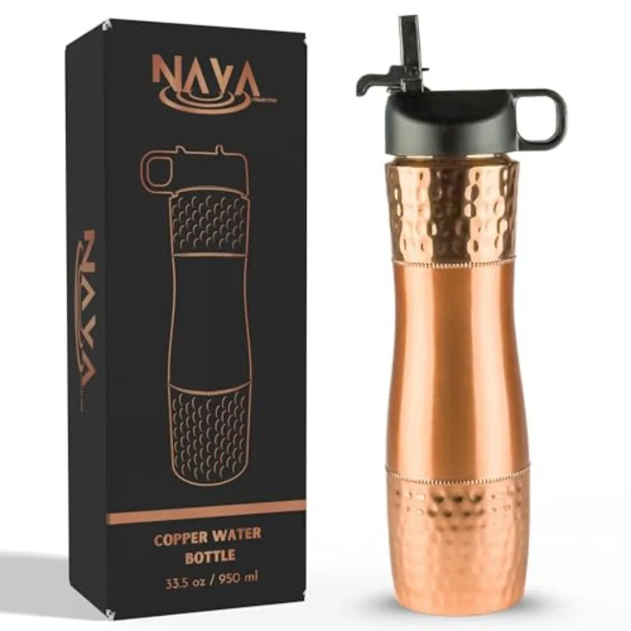 Pure Copper Water Bottle For Drinking Water with Straw and Sports Lid 33.5oz/ 950ml Ayurveda Copper Bottle for Ayurvedic Health