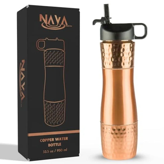 Pure Copper Water Bottle For Drinking Water with Straw and Sports Lid 33.5oz/ 950ml Ayurveda Copper Bottle for Ayurvedic Health