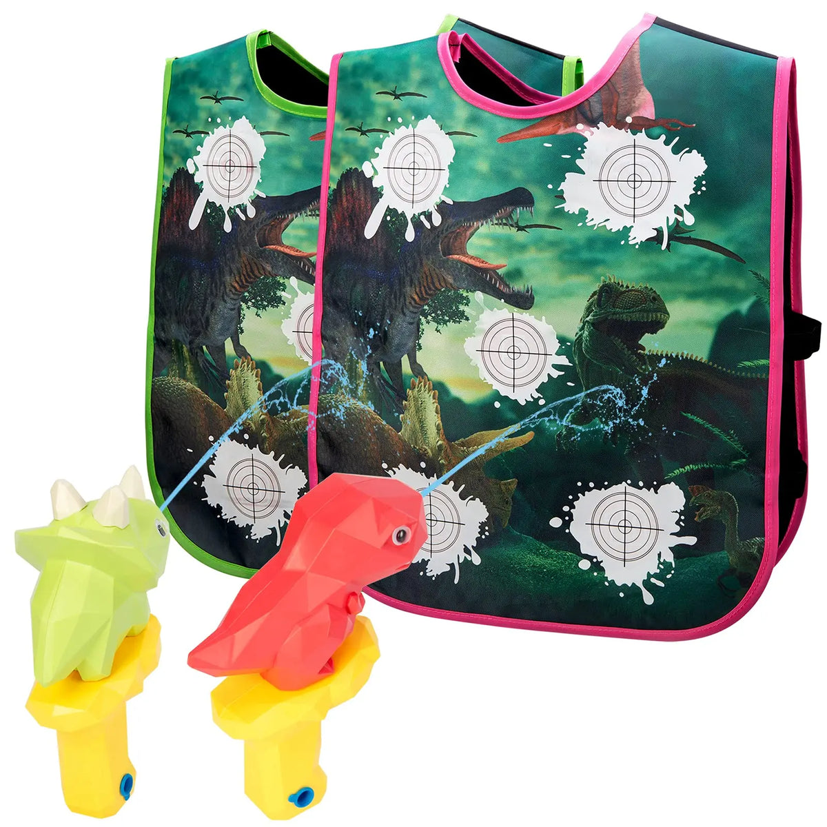 4Pcs Dinosaur Water Gun Battle Set with Vest, 2 Players Long Range Water Squirter Toy, Kids Outdoor Squirt Pistol for Pool Beach Backyard Party