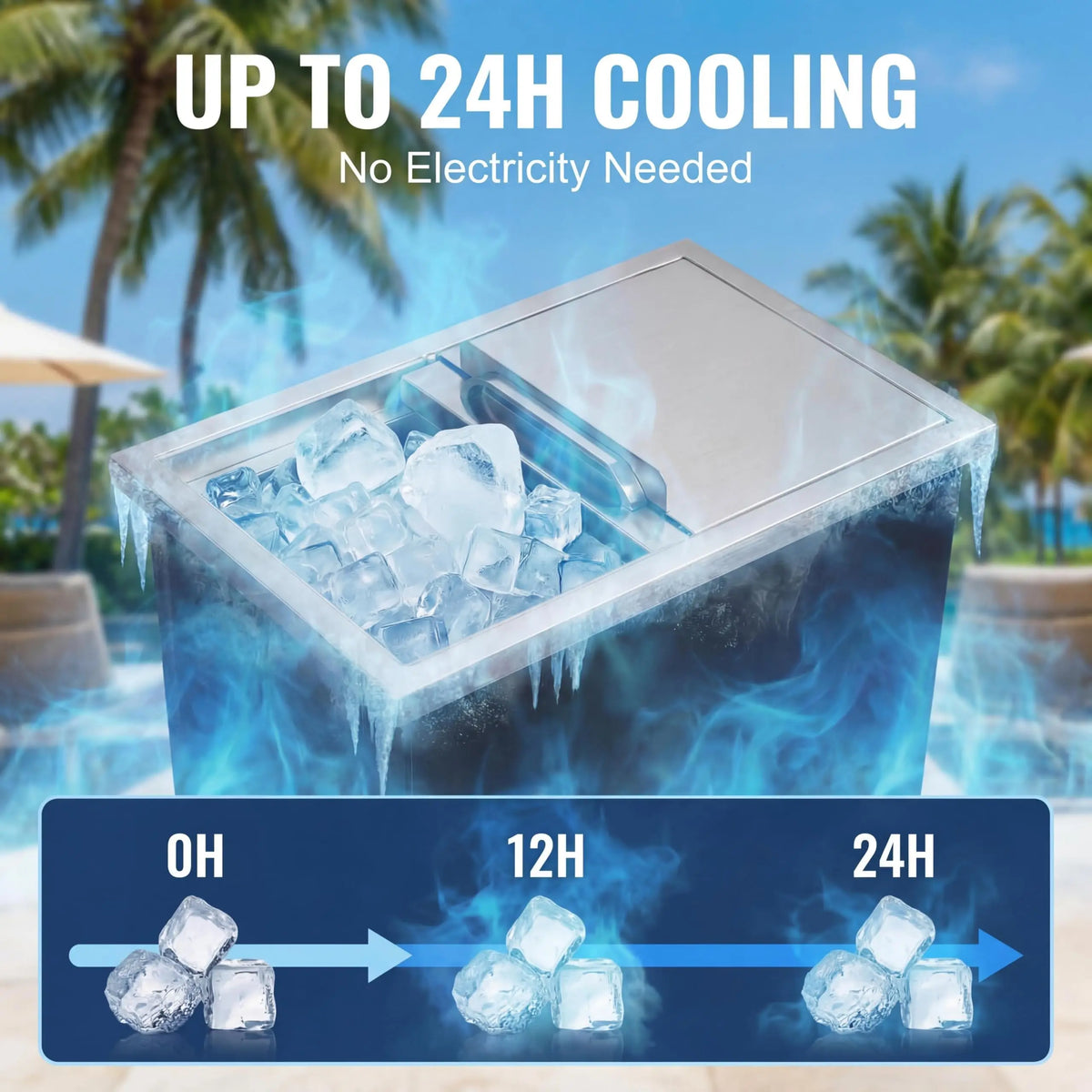 Drop-in Ice Chest, Large Capacity Stainless Ice Bin with Lid & Drain-Pipe Set, Commercial Grade Insulated Ice Bucket for Cold Wine Beer, Non-Electric 24H Cold Retention for Outdoor Kitchen&Bar