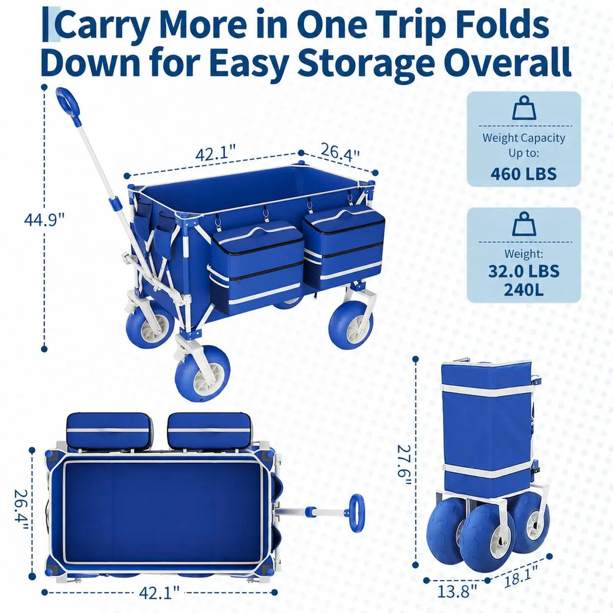 Beach Wagon with Big Wheels for Sand, 460LBS Folding Beach Cart | Heavy Duty Folding, 460 LBS Capacity, Adjustable Handle, 600D Oxford Fabric, For Beach, Camping, Sports, Garden