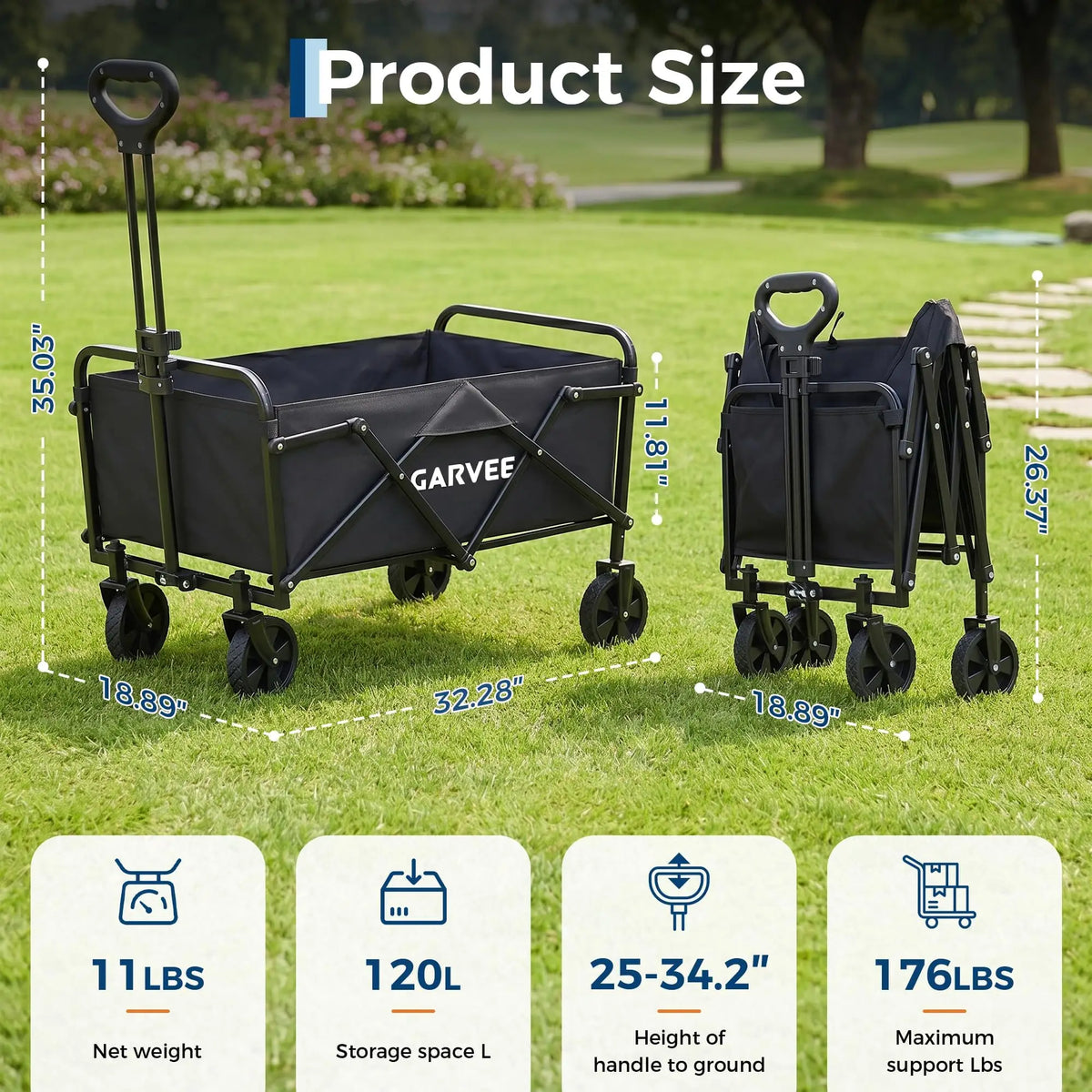 Collapsible Wagon with Wheels, 220 lbs Wagons Carts Foldable Wagon Cart with Flexible Handle, Lightweight Portable Folding Utility Grocery Shopping Cart for Grocery Sports Garden Camping
