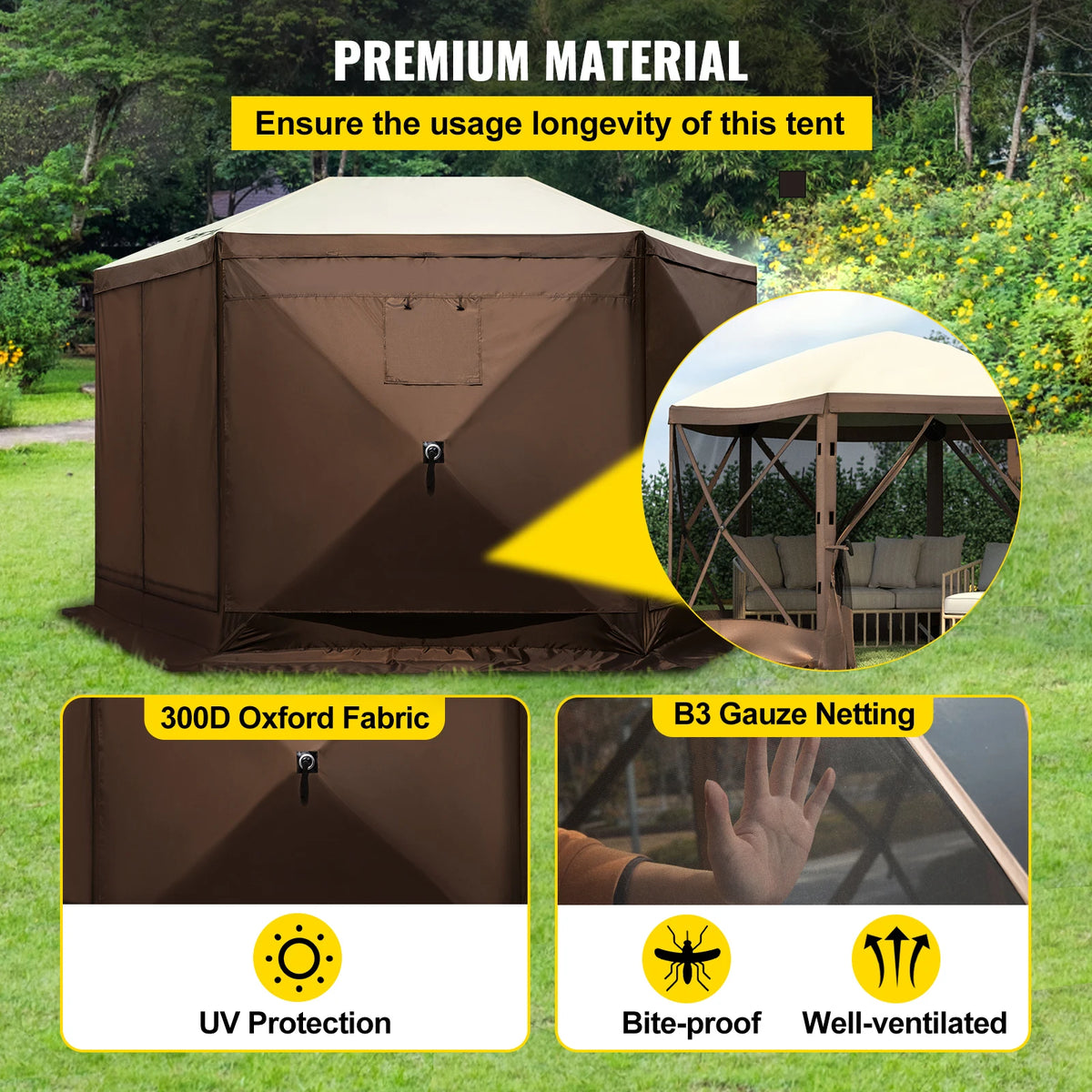 VEVOR Pop-up Camping Gazebo Camping Canopy Shelter 6 Sided 12' x 12' / 10' x 10' Sun Shade Tents & Canopies Camping & Hiking