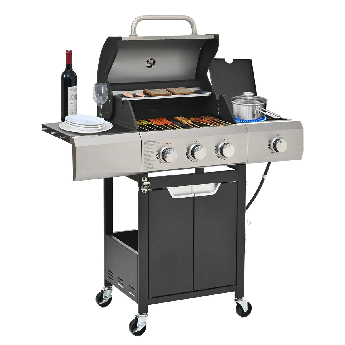 3-Burner Propane Gas Grill with Sear Burner and Side Burner, Stainless Steel BBQ Grill with 376 Sq. In. Grilling Area for Outdoor Barbecue Cooking, 40,500 BTUs Sliver
