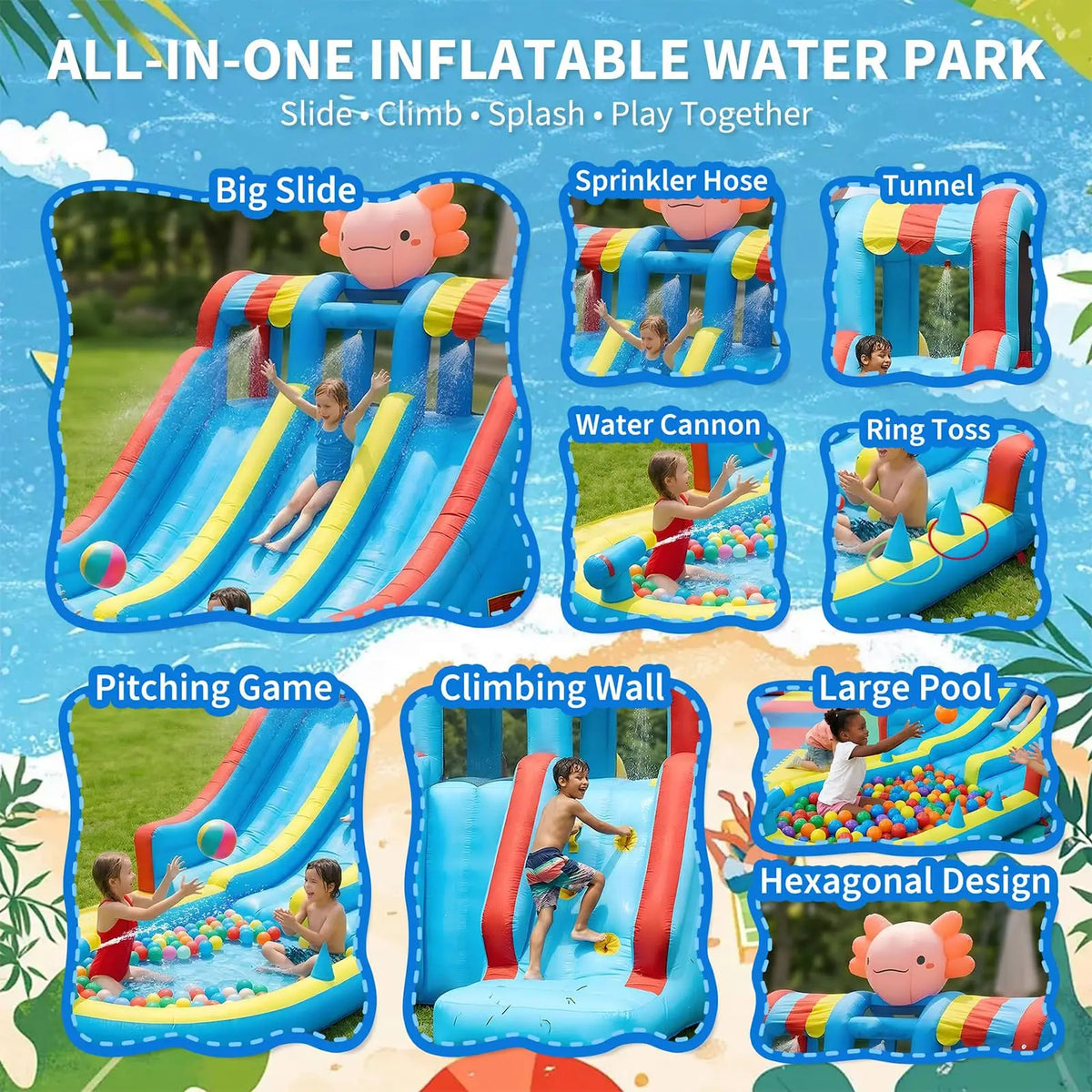 Inflatable Water Slide Bounce House for Kids 3-10, 8 in 1 Dual Slides Water Park Bouncy Castle with Blower, Jump House for Indoor Outdoor Backyard Birthday Holiday Party, Adorable Axolotl Theme