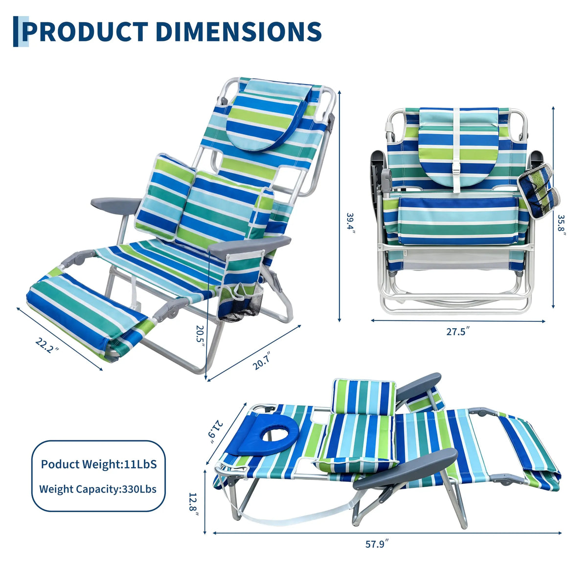 2 Pack Deluxe 3-in-1 Beach Chair with Face Hole, Folding Tanning Lounger, Outdoor Sunbathing Chair with Adjustable Footrest, Storage Pocket, 330lb Capacity for Beach Pool Patio Lawn