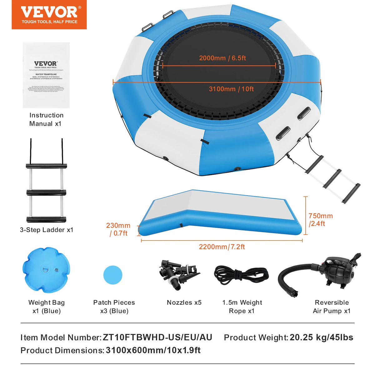 VEVOR 10ft Inflatable Water Bouncer Recreational Water Trampoline Portable Bounce Swim Platform with Slide 3-Step Ladder