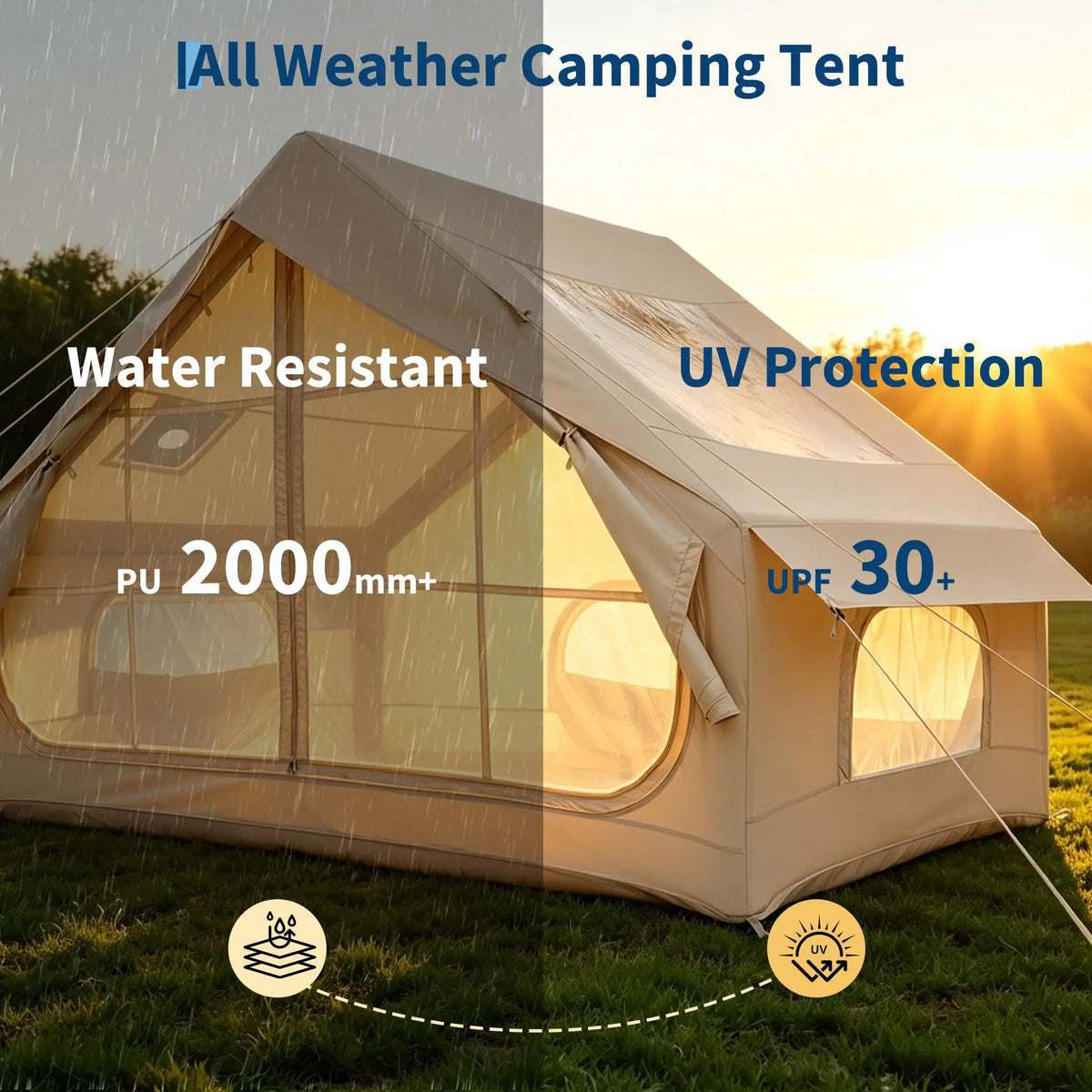 Inflatable Tent for Camping, Waterproof Air Glamping Tent with Skylight, Blow Up Tent with Stove Jack, Family Camping, Glamping & 4-Season Outdoor Use, 2-6 Person