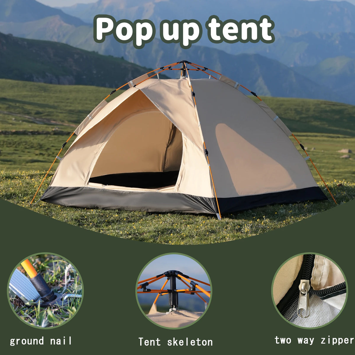 PAKICETUS Instant Pop Up Dome Tent 2-4 Person Easy Setup Polyester Fiber Portable Outdoor Tent Misty Gray Quicksand Gold For Camping Hiking Road Trips Backyard Picnic