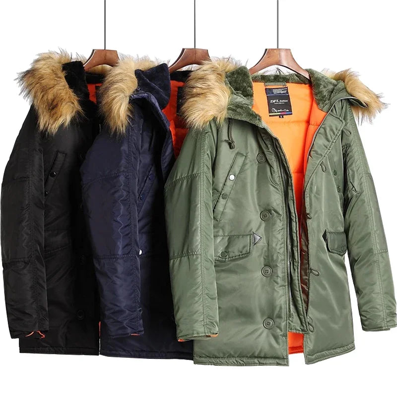 N3B Military Jacket Plus Size Fur Hood Long Waterproof Pilot Windproof Air Force Winter Parka Thick Men Outwear Coat USA Size