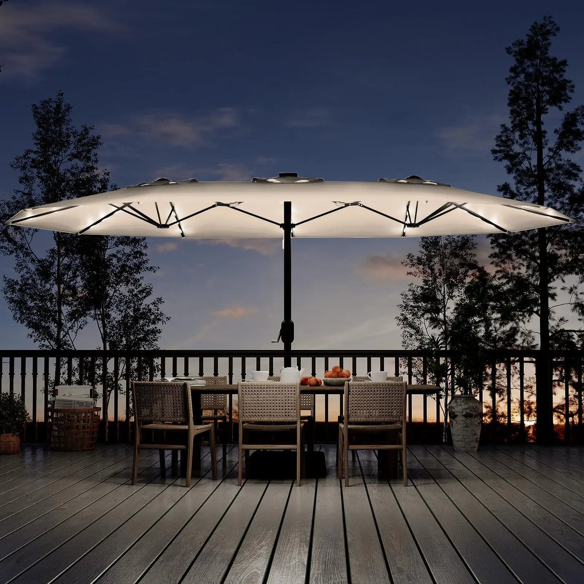 15ft Large Patio Umbrellas With Base Included, Outdoor Double-Sided Rectangle Market Umbrella With Stand, Solar Powered LED Outside Umbrellas for Poolside Lawn Backyard