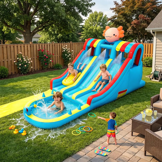 Inflatable Water Slide Bounce House for Kids 3-10, 8 in 1 Dual Slides Water Park Bouncy Castle with Blower, Jump House for Indoor Outdoor Backyard Birthday Holiday Party, Adorable Axolotl Theme