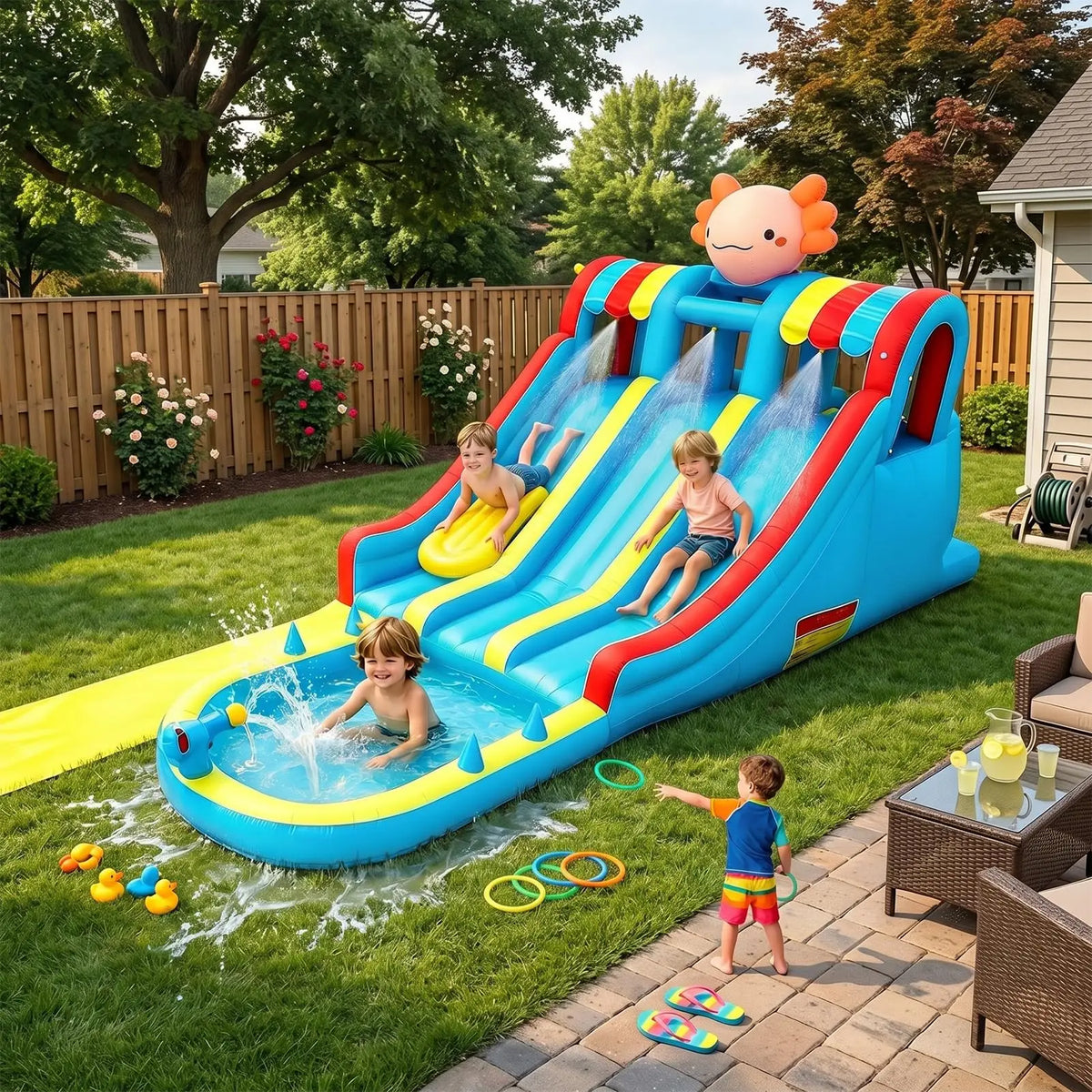 Inflatable Water Slide Bounce House for Kids 3-10, 8 in 1 Dual Slides Water Park Bouncy Castle with Blower, Jump House for Indoor Outdoor Backyard Birthday Holiday Party, Adorable Axolotl Theme