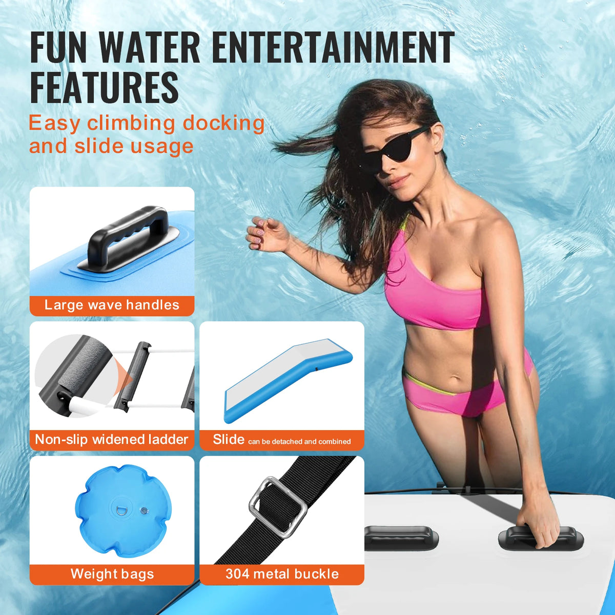 VEVOR 10ft Inflatable Water Bouncer Recreational Water Trampoline Portable Bounce Swim Platform with Slide 3-Step Ladder
