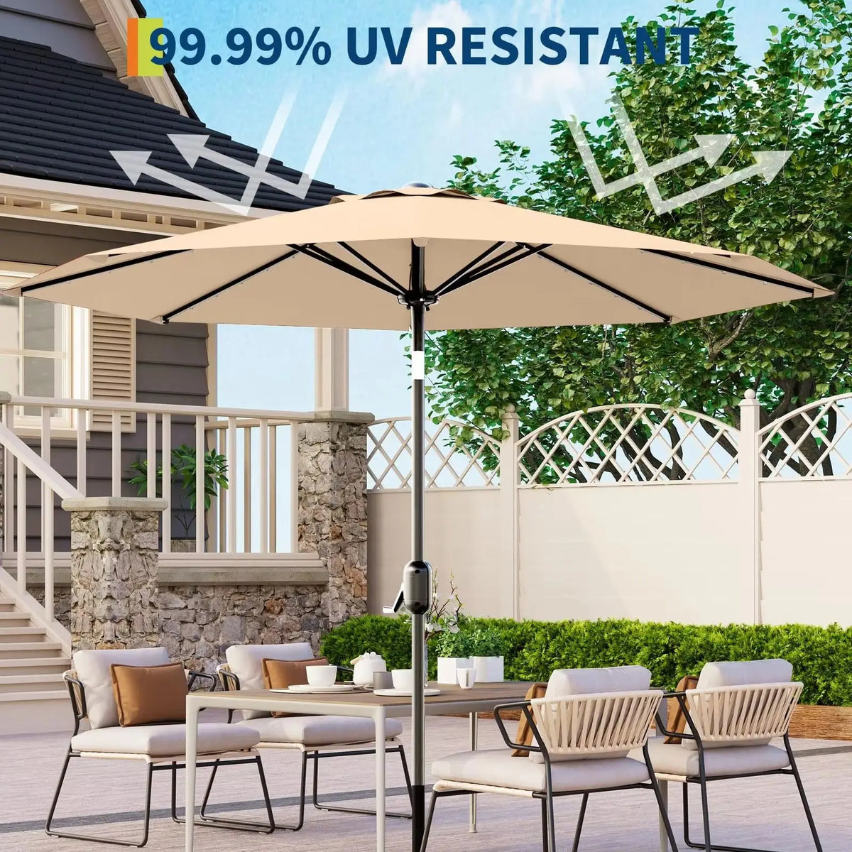10 ft Patio Umbrella with Solar Lights, 8 Ribs Outdoor Market Table Umbrella with 40 LED Lights & Tilt Crank for Pool, Deck, Backyard (Tan)