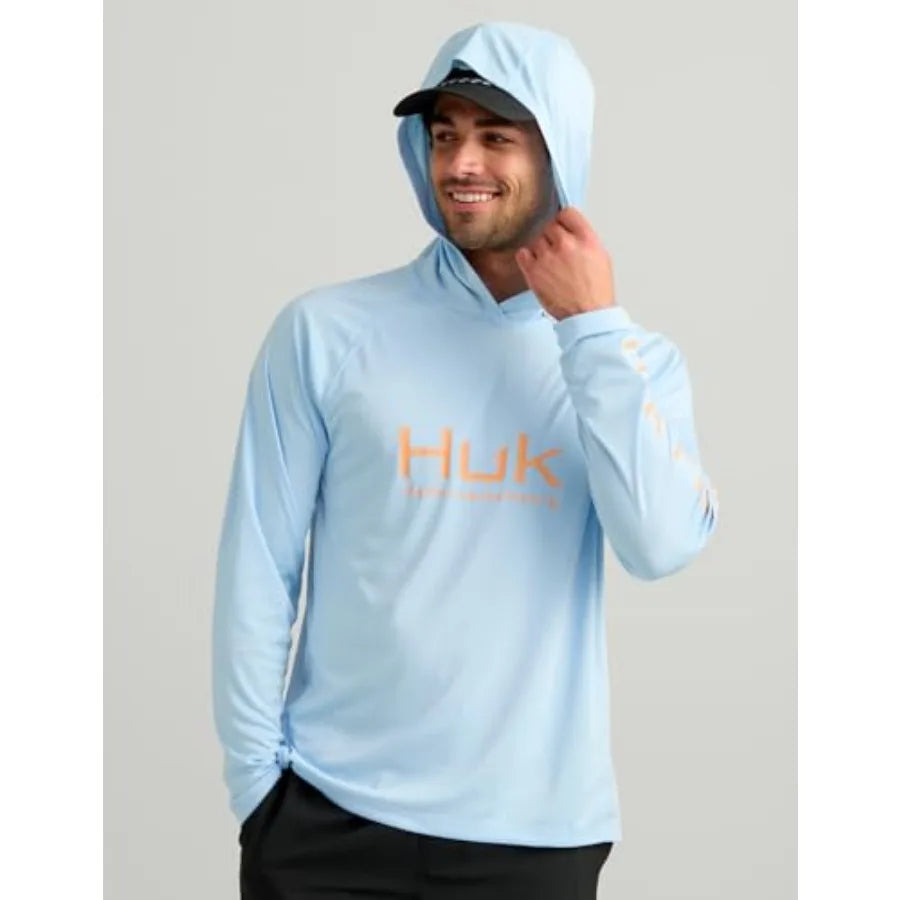 Mens Pursuit Vented Long Sleeve Hoodie for fishing, polyester mesh blend, navy blue, breathable and sun-protective