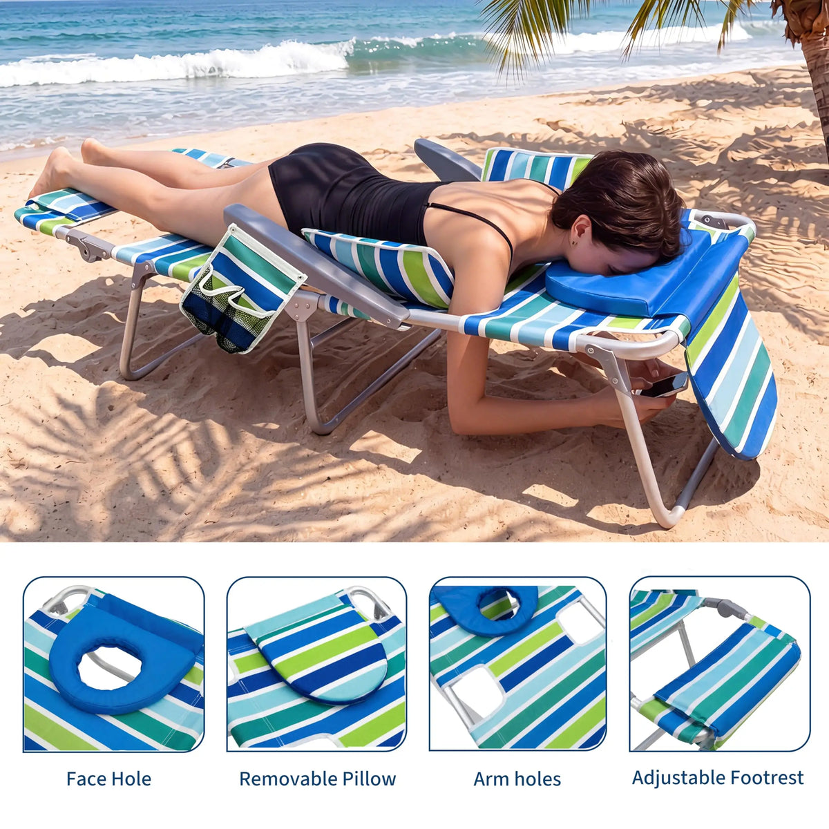 2 Pack Deluxe 3-in-1 Beach Chair with Face Hole, Folding Tanning Lounger, Outdoor Sunbathing Chair with Adjustable Footrest, Storage Pocket, 330lb Capacity for Beach Pool Patio Lawn