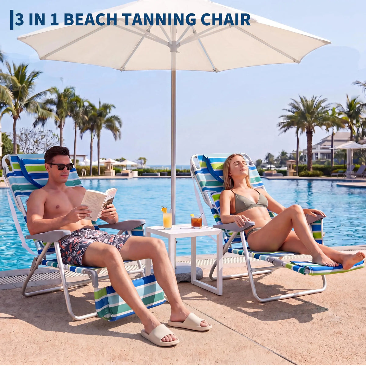 2 Pack Deluxe 3-in-1 Beach Chair with Face Hole, Folding Tanning Lounger, Outdoor Sunbathing Chair with Adjustable Footrest, Storage Pocket, 330lb Capacity for Beach Pool Patio Lawn