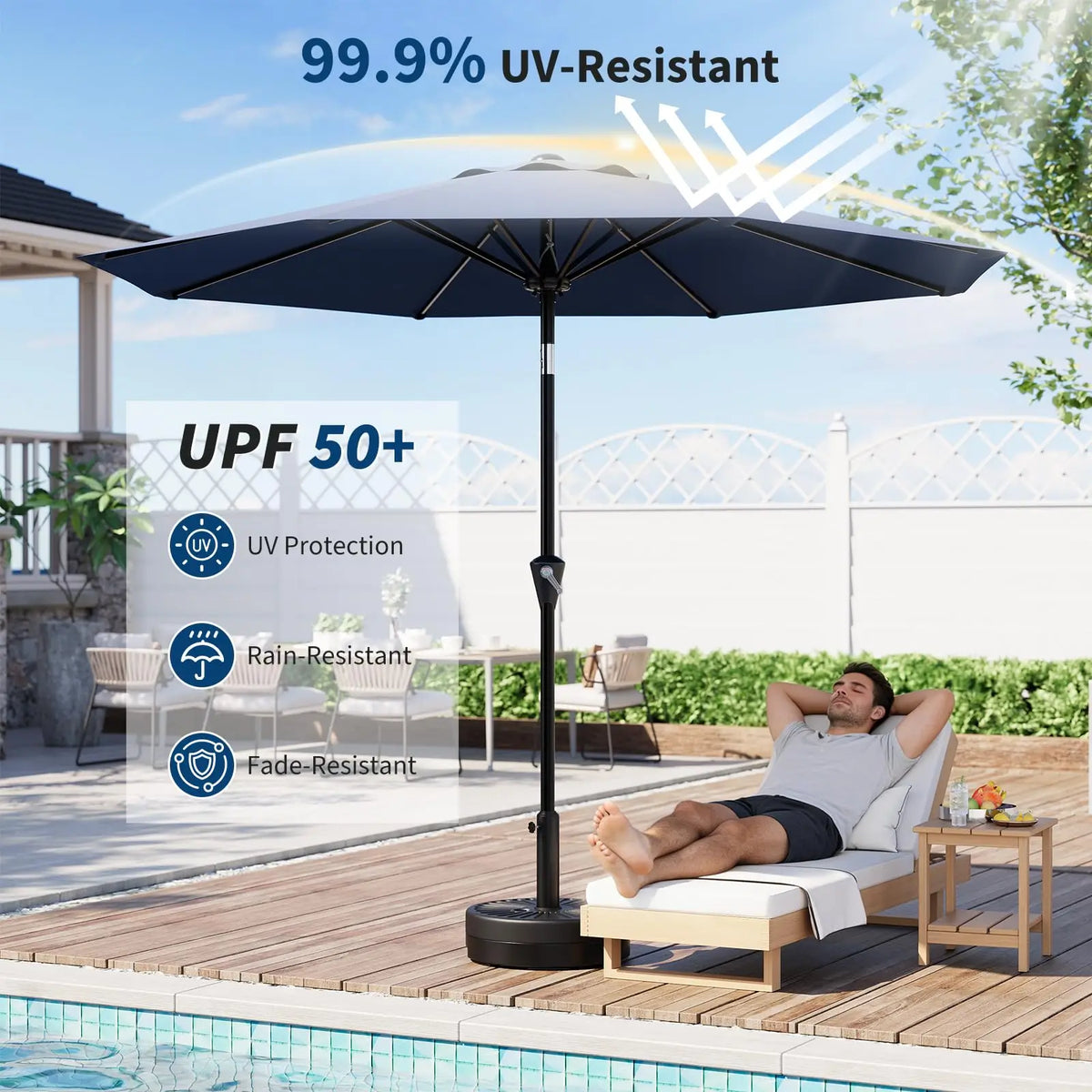 10FT Outdoor Patio Umbrella, Table Umbrella with Crank & Push Button Tilt, 8 Strong Ribs, Water Resistant & UV Protection for Garden Pool Deck Backyard Market (Navy Blue)