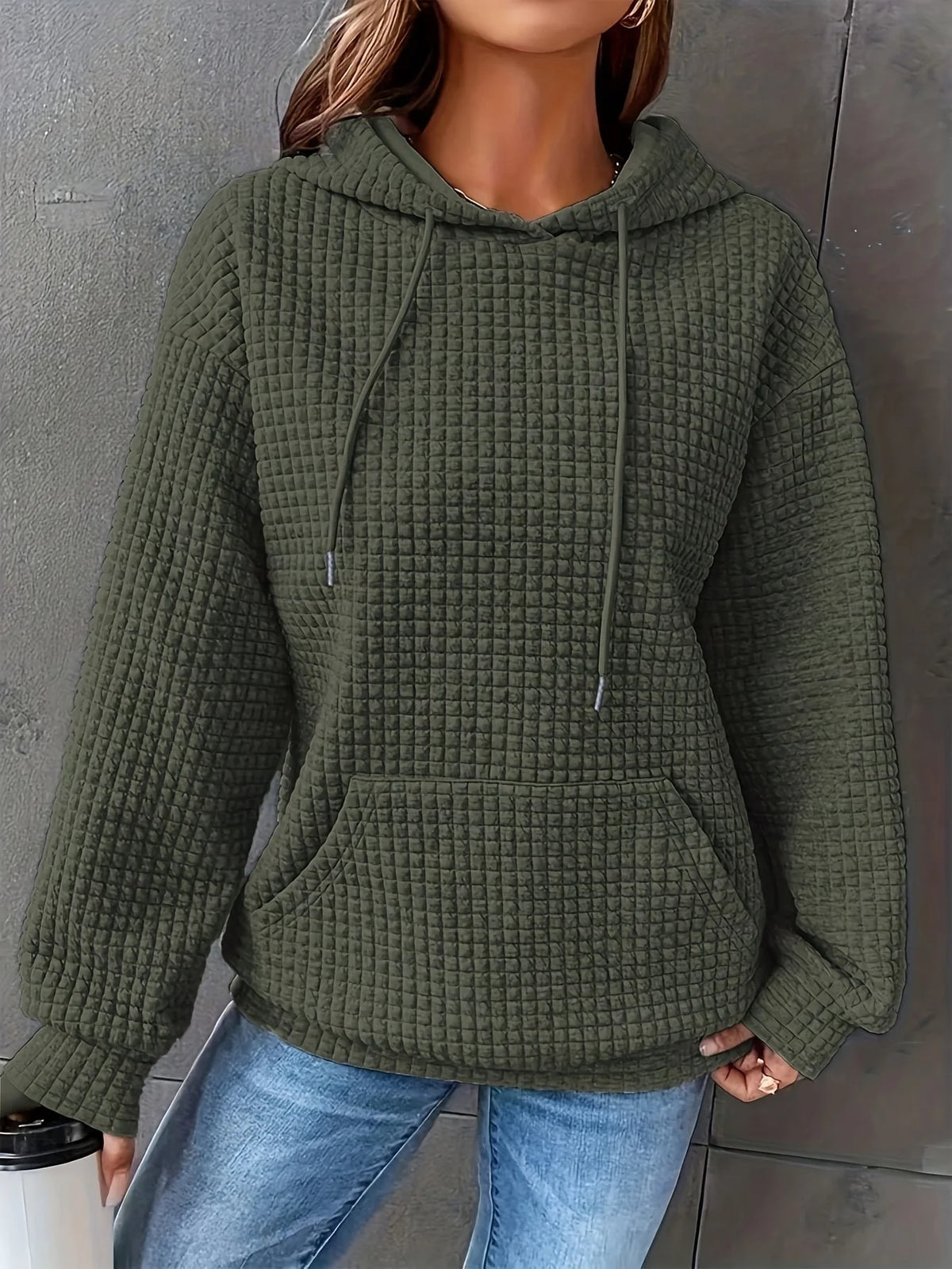 Women Short Length Waffle Knit Hoodie Solid Black Drawstring Pullover Sweatshirt Front Kangaroo Pocket Long Sleeve Casual Tops