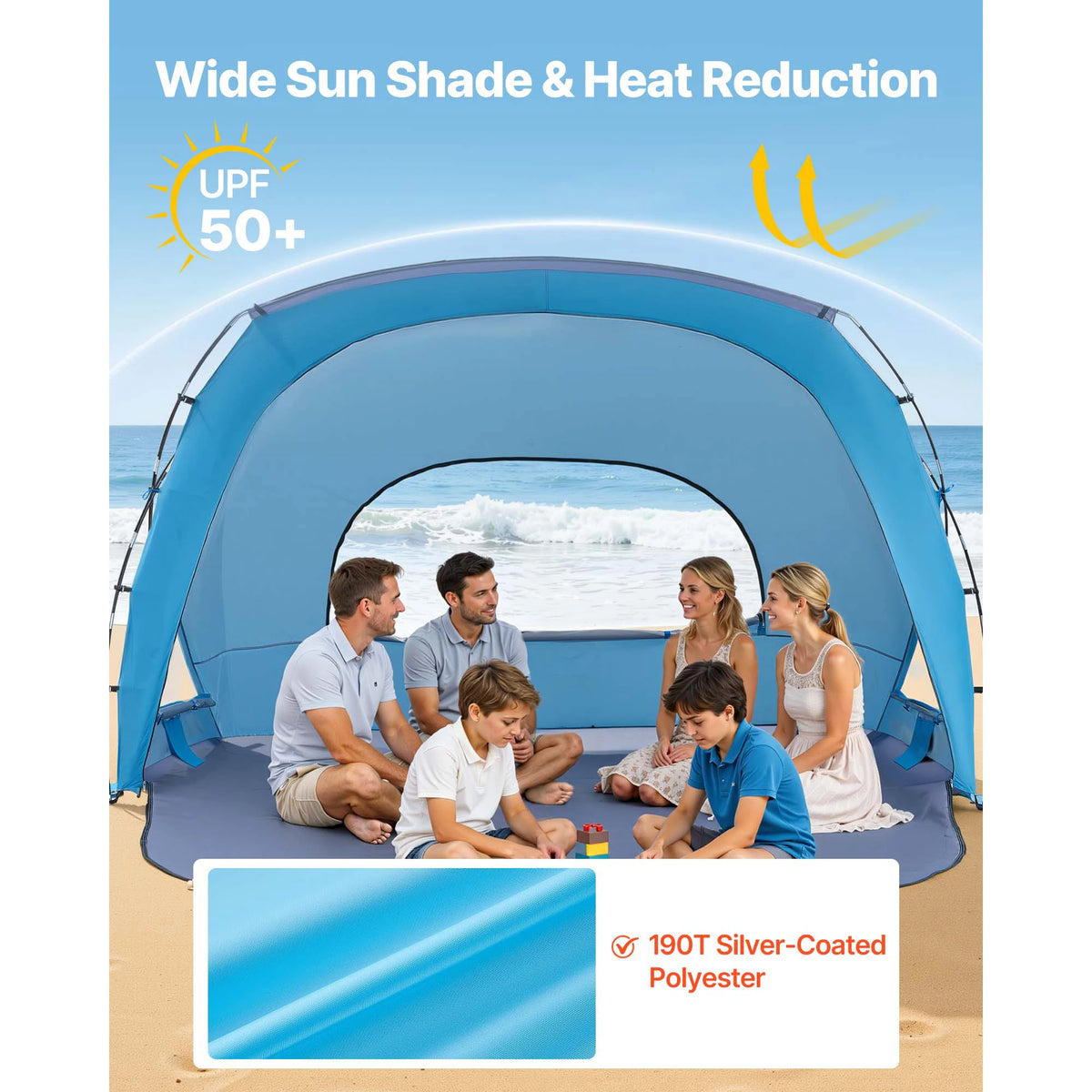 VEVOR Beach Tent Sun Shelter for 6 Person UPF 50+ Protection Portable Sun Shade Canopy with Carrying Bag for Family Camping