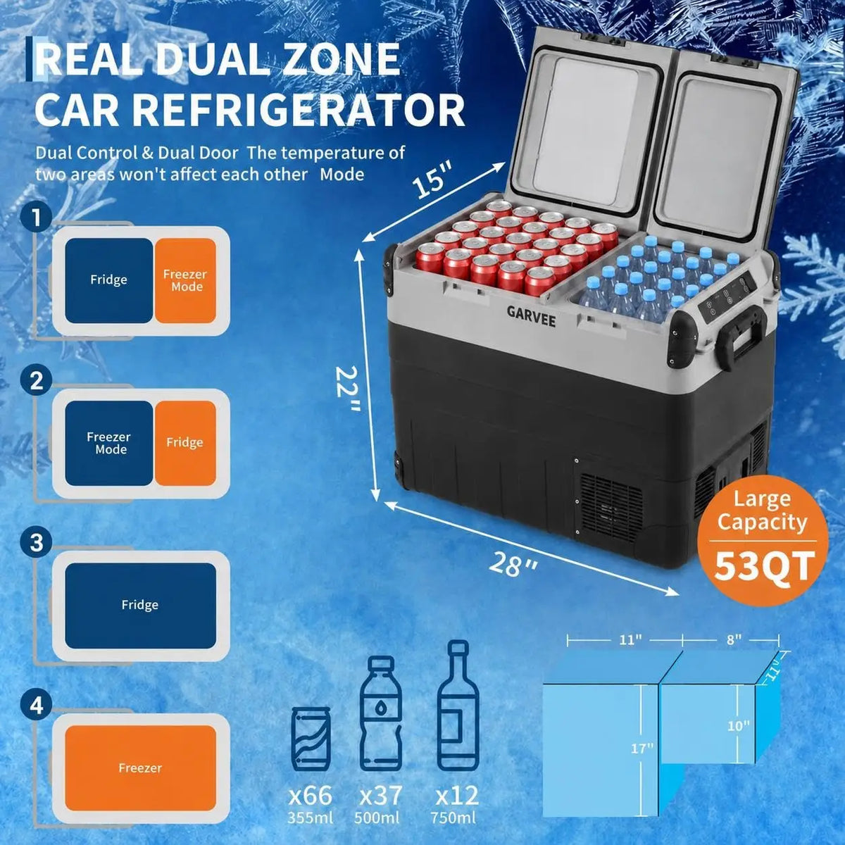 53QT Dual Zone Car Refrigerator Freezer, Compressor Cooler with App