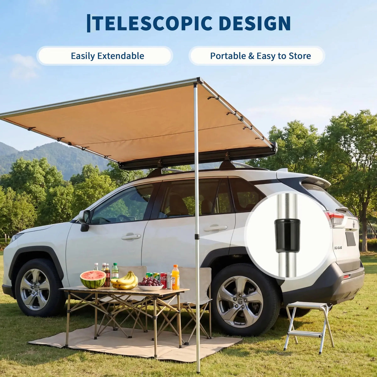 SUV Truck Van Roof Rack Awning - Retractable Side Sun Shade, UV50+ 600D Oxford Waterproof Canopy, Adjustable Aluminum Poles, Outdoor Camping Shelter with Storage Bag
