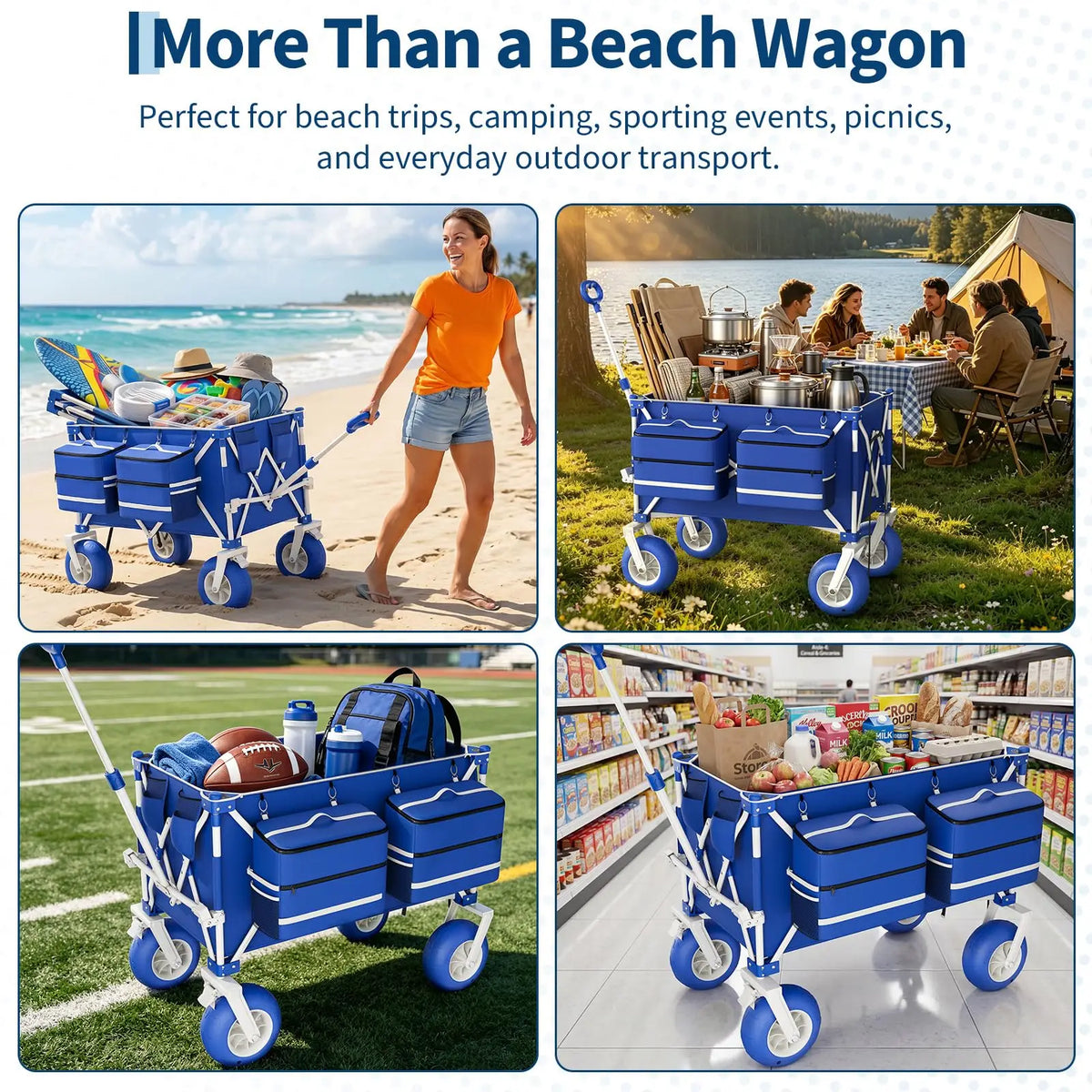 Beach Wagon with Big Wheels for Sand, 460LBS Folding Beach Cart | Heavy Duty Folding, 460 LBS Capacity, Adjustable Handle, 600D Oxford Fabric, For Beach, Camping, Sports, Garden