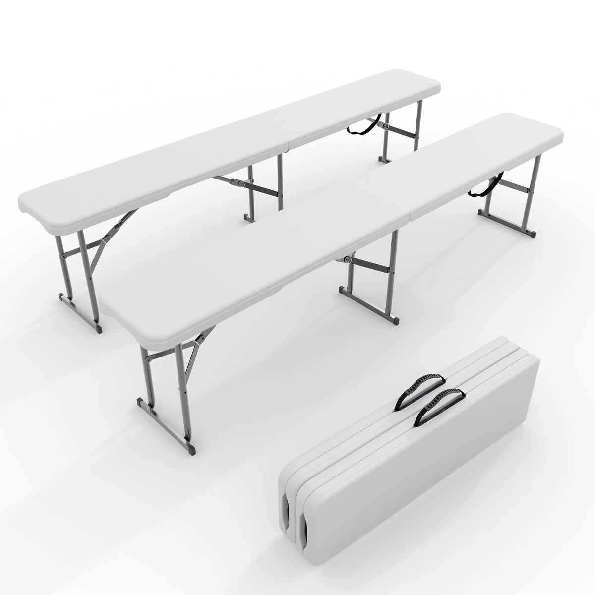 2-Pack 6-Foot Portable Folding Bench, Heavy Duty HDPE Bench Top & Steel Frame, Foldable Outdoor Bench with Carry Handle for Picnic Camping Sports Events (White)