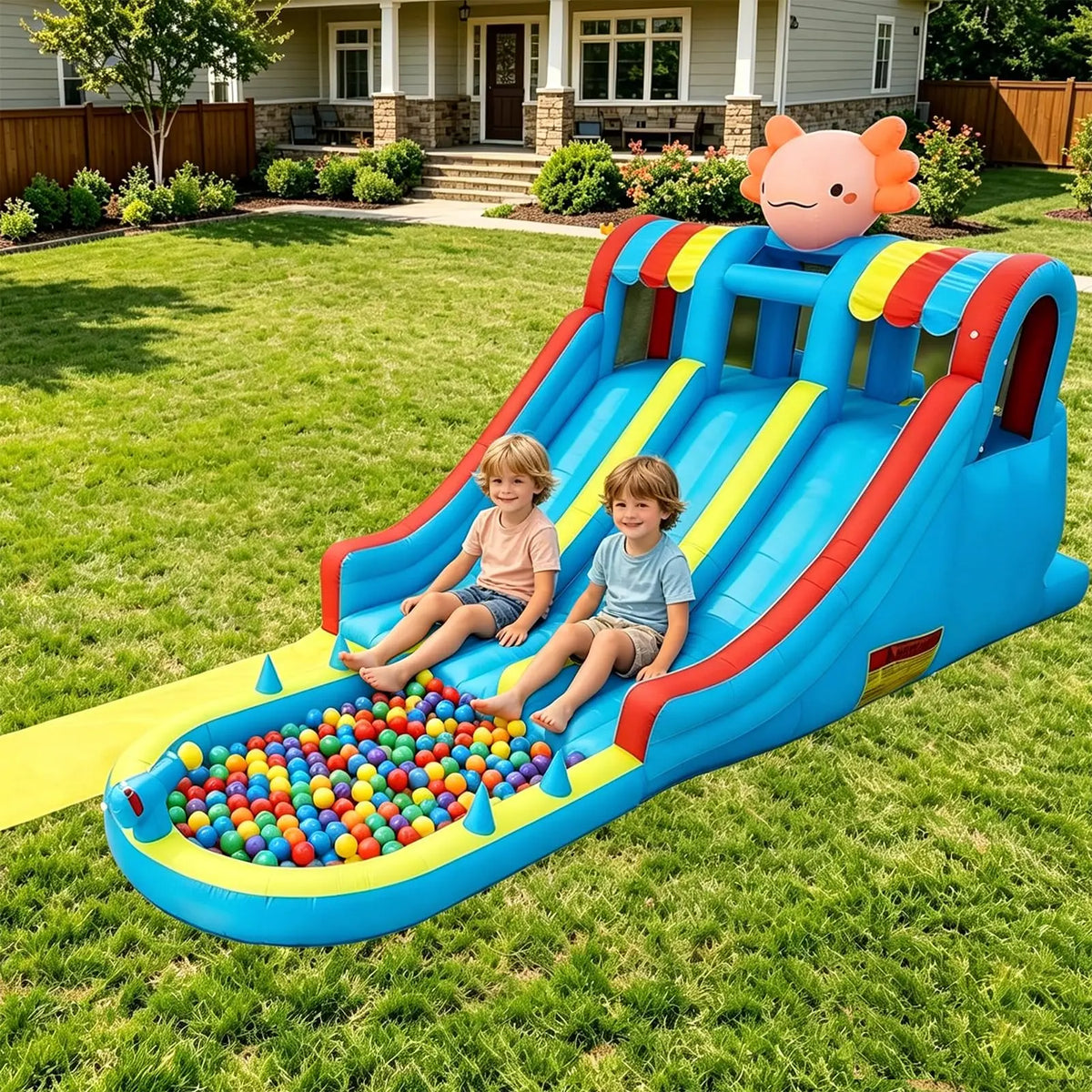 Inflatable Water Slide Bounce House for Kids 3-10, 8 in 1 Dual Slides Water Park Bouncy Castle with Blower, Jump House for Indoor Outdoor Backyard Birthday Holiday Party, Adorable Axolotl Theme