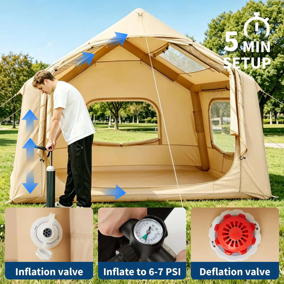 Inflatable Tent for Camping, Waterproof Air Glamping Tent with Skylight, Blow Up Tent with Stove Jack, Family Camping, Glamping & 4-Season Outdoor Use, 2-6 Person