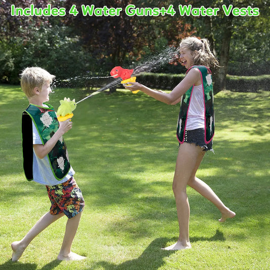4Pcs Dinosaur Water Gun Battle Set with Vest, 2 Players Long Range Water Squirter Toy, Kids Outdoor Squirt Pistol for Pool Beach Backyard Party