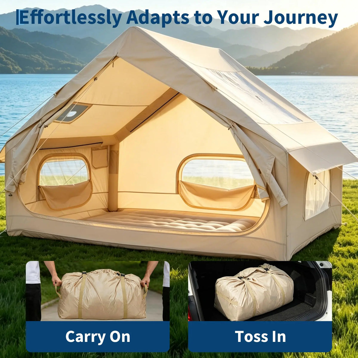 Inflatable Tent for Camping, Waterproof Air Glamping Tent with Skylight, Blow Up Tent with Stove Jack, Family Camping, Glamping & 4-Season Outdoor Use, 2-6 Person