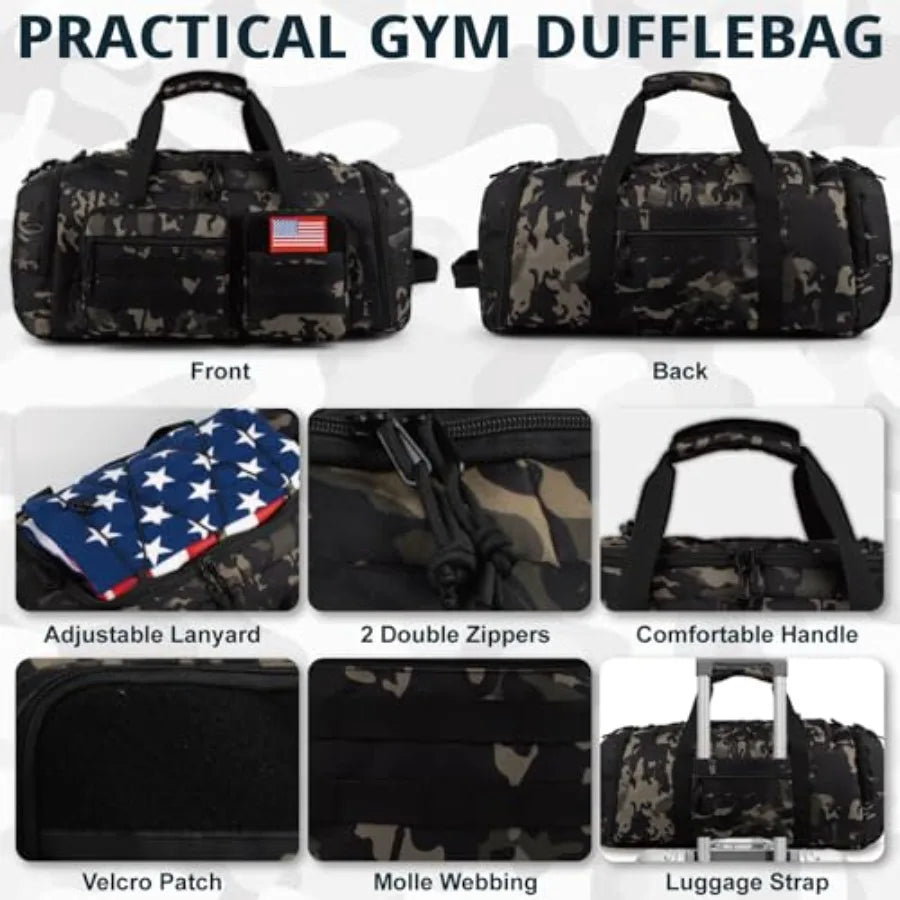 Tactical Gym Bag for Men 70L 3 in 1 Sports Duffle Bag with Shoes Compartment for Travel, Water Resistant Travel Backpack Weeken