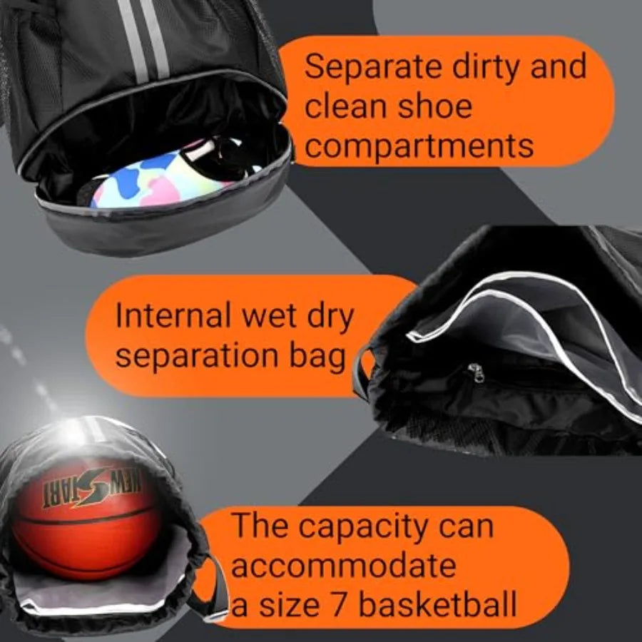 Football Boot Bag, Sports Kit Gym Sack Swimming PE Large Drawstring Bag Unisex With Wet And Dry Separation, Waterproof Gym Bag