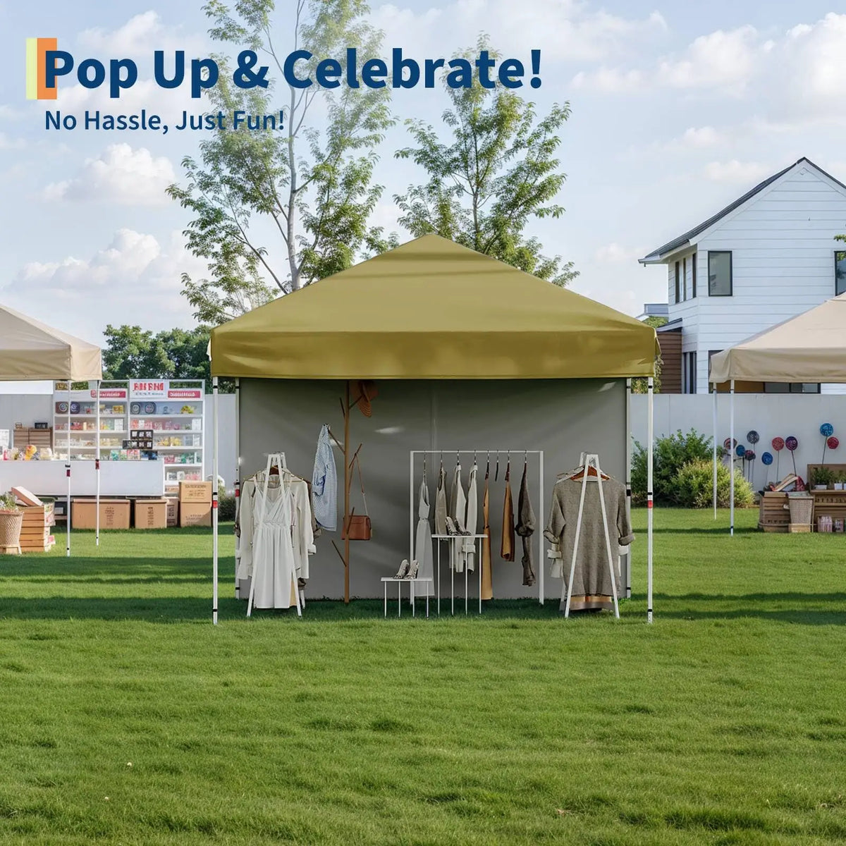 10'x10' Instant Pop Up Canopy with Single Sidewall, One Push Setup, 3 Height Settings, Wheeled Bag and 4 Sand Weight Bags