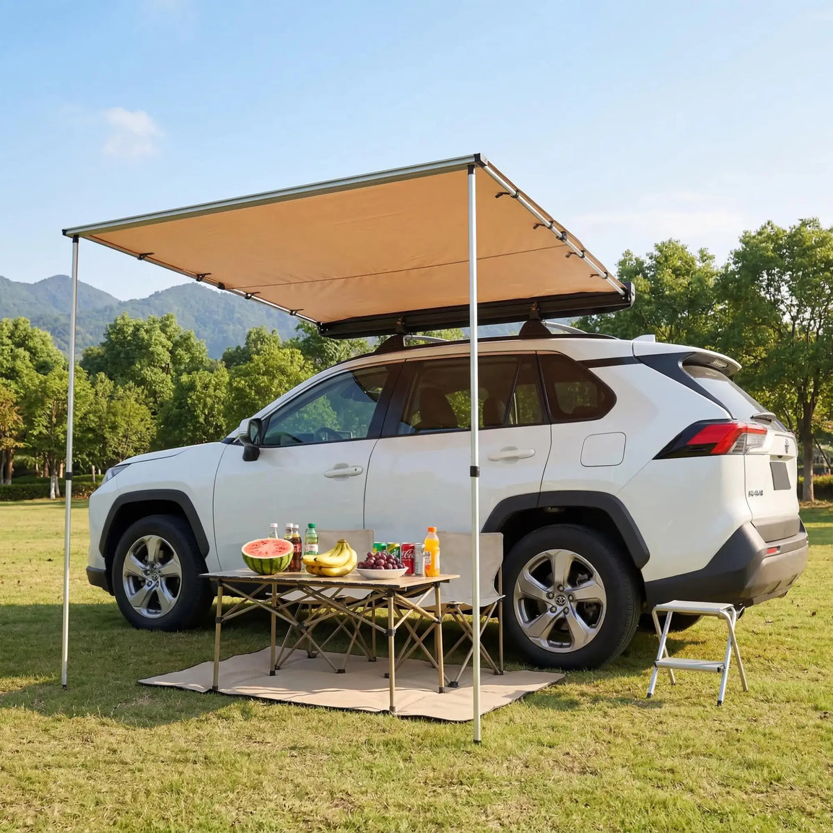 SUV Truck Van Roof Rack Awning - Retractable Side Sun Shade, UV50+ 600D Oxford Waterproof Canopy, Adjustable Aluminum Poles, Outdoor Camping Shelter with Storage Bag