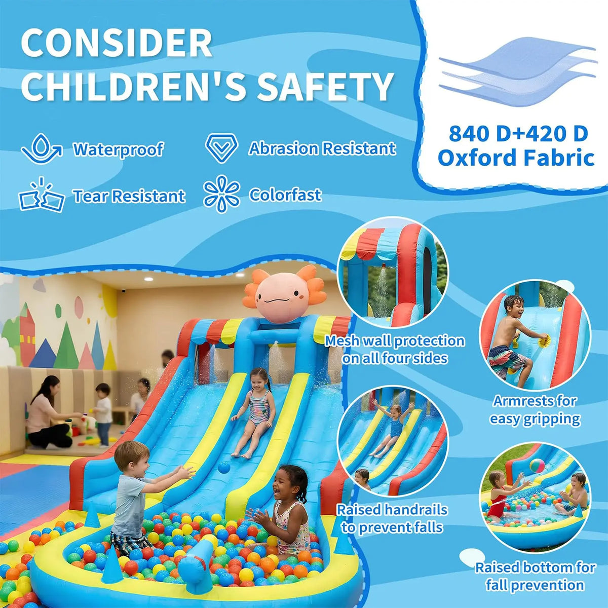 Inflatable Water Slide Bounce House for Kids 3-10, 8 in 1 Dual Slides Water Park Bouncy Castle with Blower, Jump House for Indoor Outdoor Backyard Birthday Holiday Party, Adorable Axolotl Theme