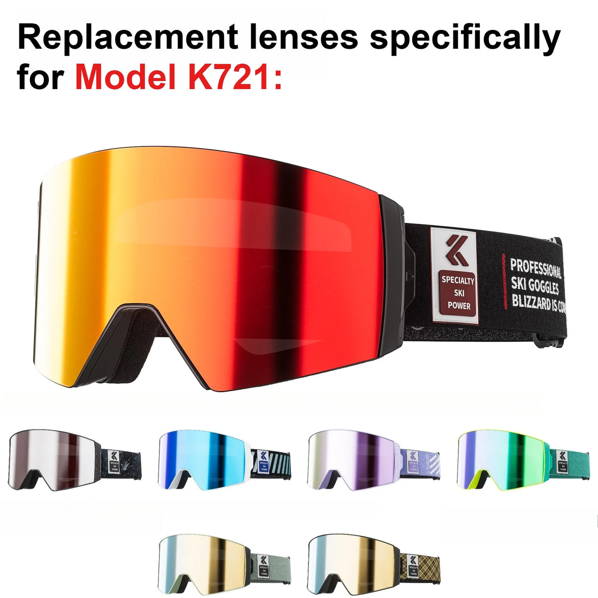 Kapvoe K721 Replacement Lenses Snow Goggles Full Red Blue Green Lens Photochromic Winter Sports Eyewear frame Magnetic Lenses